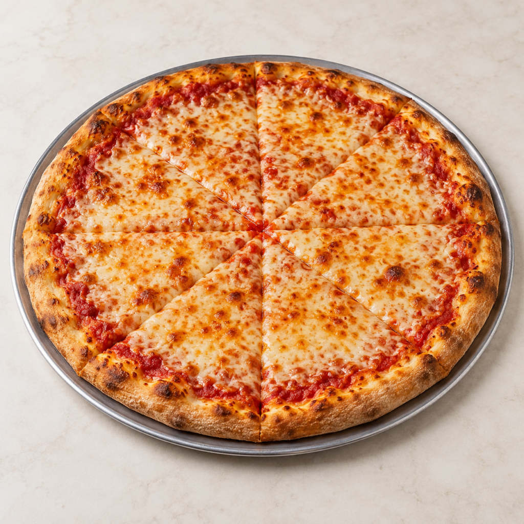 Classic cheese pizza with melted mozzarella and golden crust